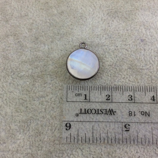 Gunmetal Plated Natural Moonstone Faceted Round/Coin Shaped Copper Bezel Pendant - Measures 14mm x 14mm - Sold Individually, Random