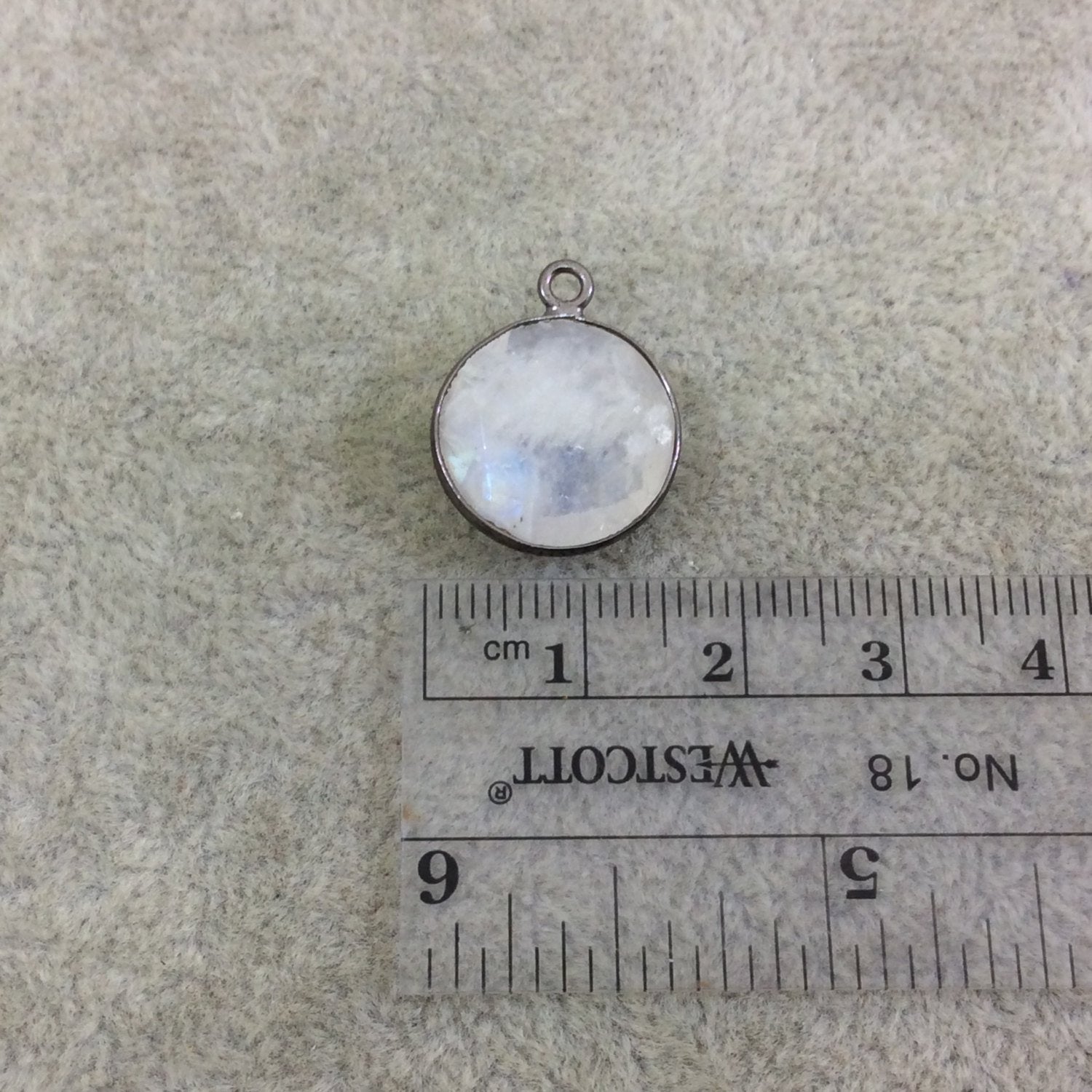 Gunmetal Plated Natural Moonstone Faceted Round/Coin Shaped Copper Bezel Pendant - Measures 15mm x 15mm - Sold Individually, Random