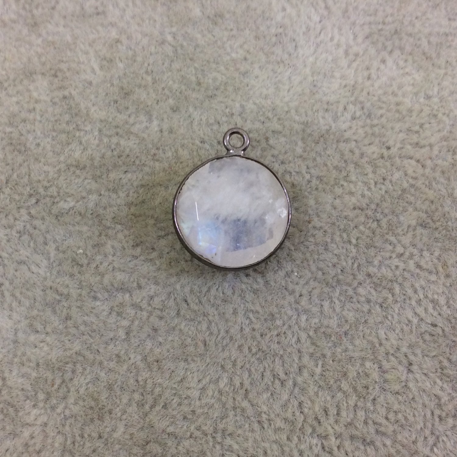 Gunmetal Plated Natural Moonstone Faceted Round/Coin Shaped Copper Bezel Pendant - Measures 15mm x 15mm - Sold Individually, Random