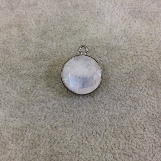 Gunmetal Plated Natural Moonstone Faceted Round/Coin Shaped Copper Bezel Pendant - Measures 15mm x 15mm - Sold Individually, Random