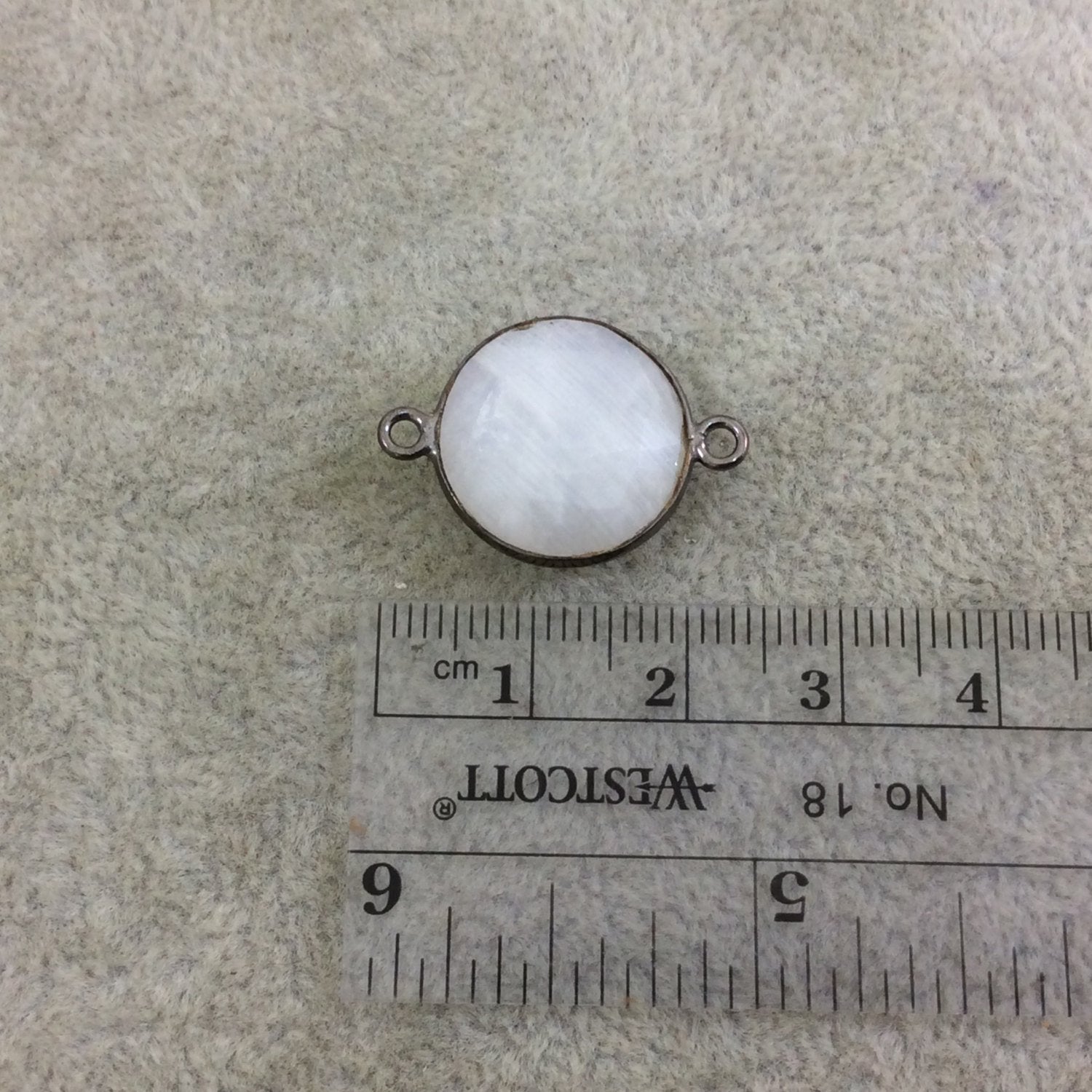 Gunmetal Plated Faceted Natural Iridescent Moonstone Round/Coin Shaped Bezel Connector - Measuring 16mm x 16mm - Sold Individually