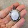 Genuine Pave Diamond Encrusted Gunmetal Plated Sterling Silver and Rainbow Moonstone Oval Pendant - Measuring 26mm x 32mm