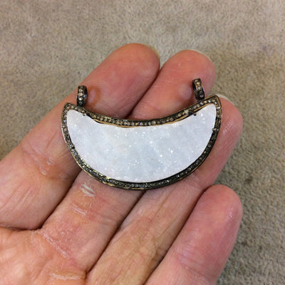 Genuine Pave Diamond Encrusted Gunmetal Plated Sterling Silver and White Druzy Crescent Pendant - Measuring 44mm x 24mm, Approx. - .45 cts