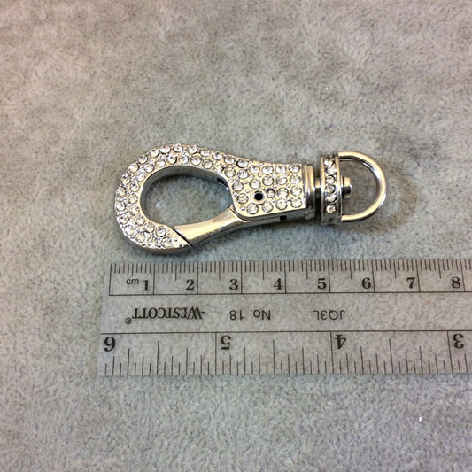 Large Silver Plated Rhinestone Encrusted/Inlaid Lobster Claw Shaped Copper Clasp Components - Measuring 27mm x 63mm  - Sold Individually