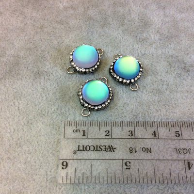 Pave Rhinestone Encrusted Round Synthetic Aqua Moonstone Connector with Gray Rhinestones and Two Rings - Measuring 15mm in dia., Approx.
