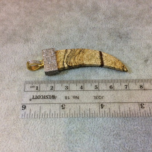 Genuine Pave Diamond Encrusted Gold Plated Sterling Silver and Picture Jasper Tusk Pendant - Measuring 18mm x 60mm, Approx. - 1.2 carats