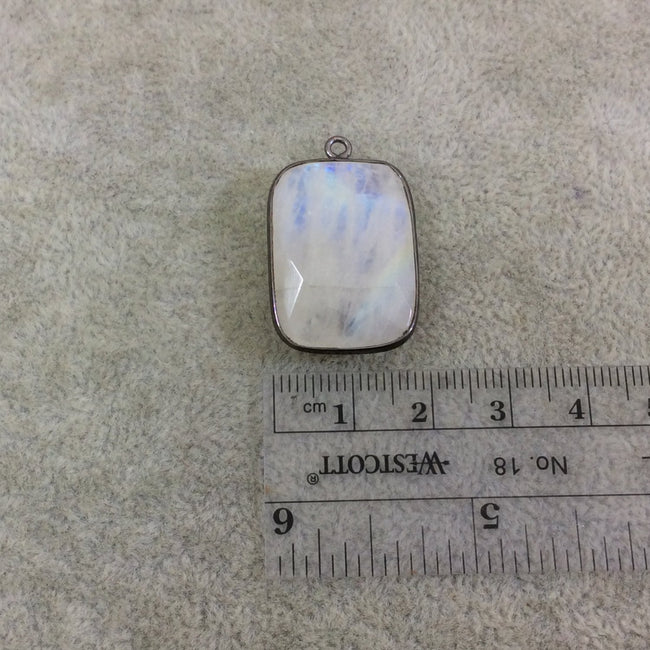 Gunmetal Plated Natural Moonstone Faceted Rectangle/Bar Shaped Copper Bezel Pendant - Measures 18mm x 25mm - Sold Individually, Random