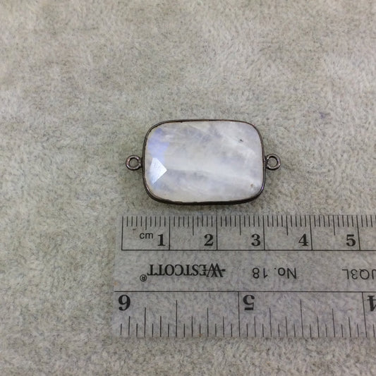Gunmetal Plated Faceted Natural Iridescent Moonstone Oblong Oval Shaped Bezel Connector - Measuring 18mm x 25mm - Sold Individually