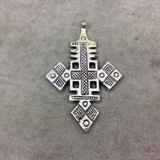 3.5" Oxidized Silver Ethiopian Cross Shaped (Style B) Plated Brass Pendant with Bail - Measuring 57mm x 92mm - Sold Individually