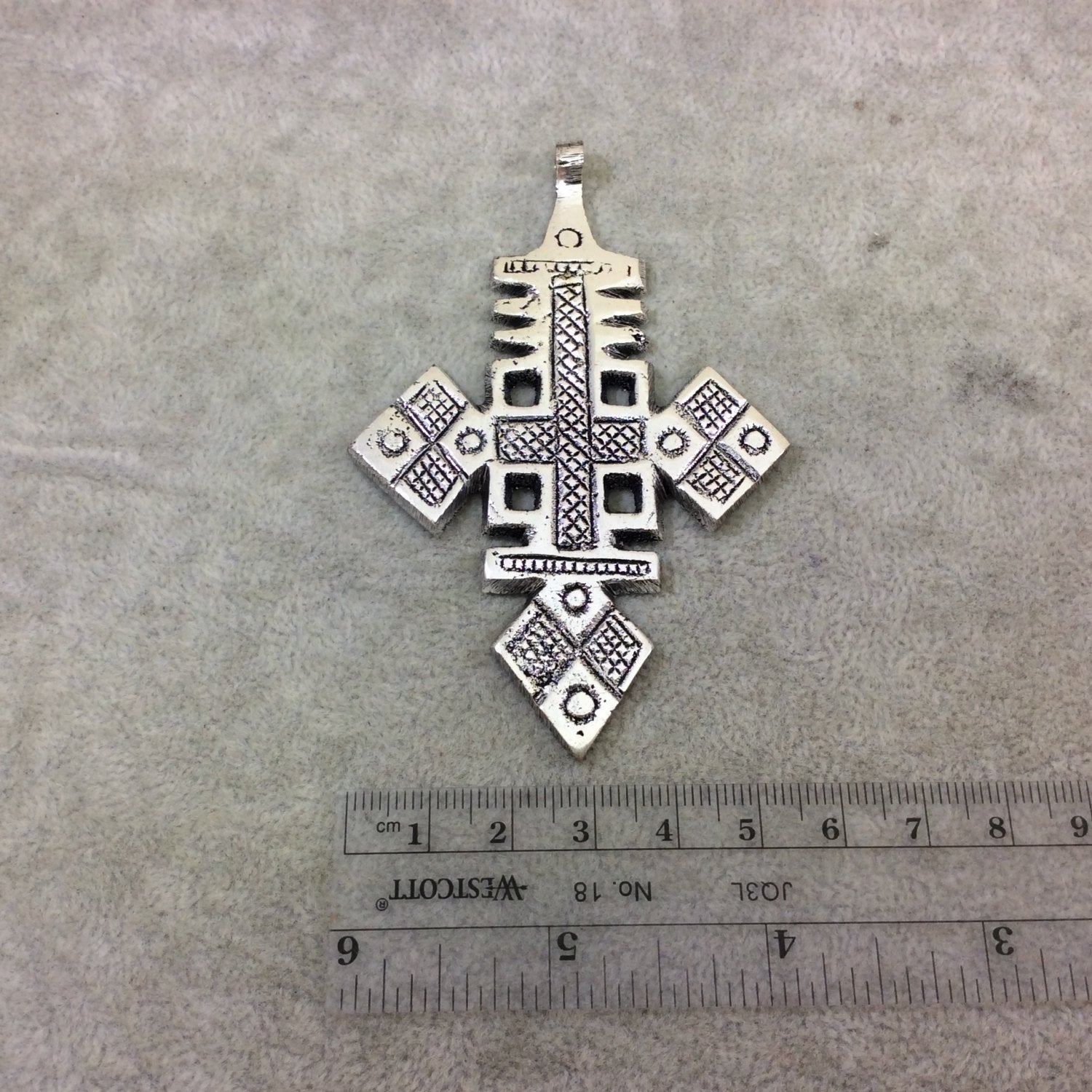 3.5" Oxidized Silver Ethiopian Cross Shaped (Style B) Plated Brass Pendant with Bail - Measuring 57mm x 92mm - Sold Individually