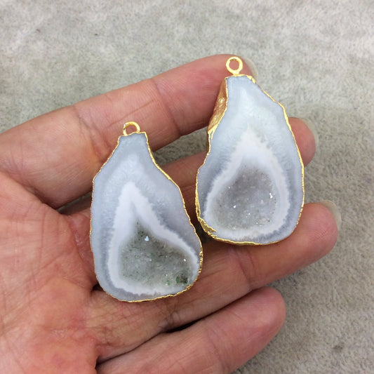 Pair of OOAK Gold Electroplated Natural Druzy Agate Geode Half Freeform Shaped Pendants - Measuring 26mm x 41mm - Unique, As Pictured