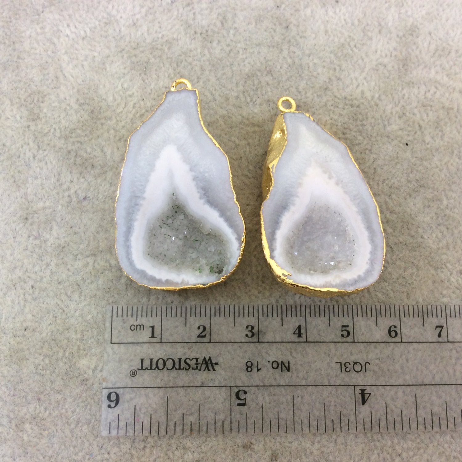 Pair of OOAK Gold Electroplated Natural Druzy Agate Geode Half Freeform Shaped Pendants - Measuring 26mm x 41mm - Unique, As Pictured