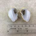 Pair of OOAK Gold Electroplated Natural Druzy Agate Geode Half Freeform Shaped Pendants - Measuring 29mm x 41mm - Unique, As Pictured