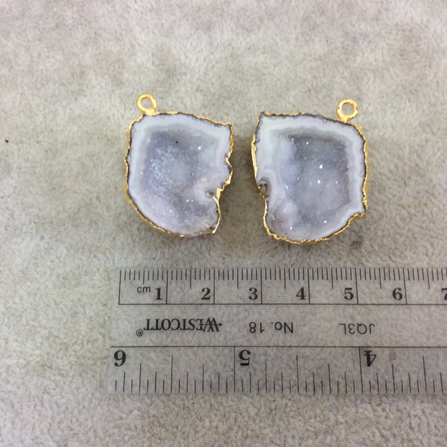Pair of OOAK Gold Electroplated Natural Druzy Agate Geode Half Freeform Shaped Pendants - Measuring 28mm x 27mm - Unique, As Pictured