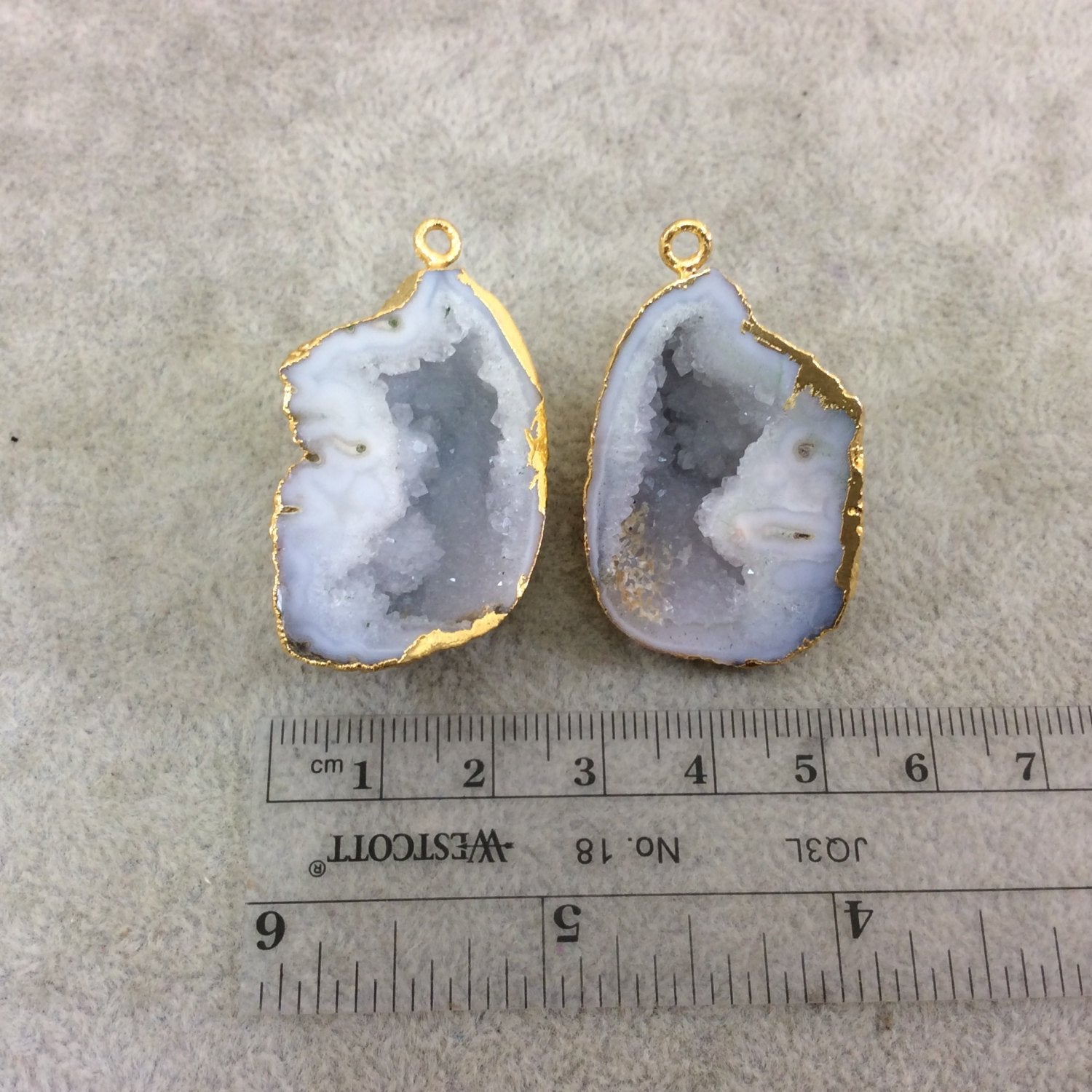 Pair of OOAK Gold Electroplated Natural Druzy Agate Geode Half Freeform Shaped Pendants - Measuring 24mm x 37mm - Unique, As Pictured
