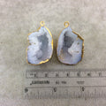 Pair of OOAK Gold Electroplated Natural Druzy Agate Geode Half Freeform Shaped Pendants - Measuring 24mm x 37mm - Unique, As Pictured