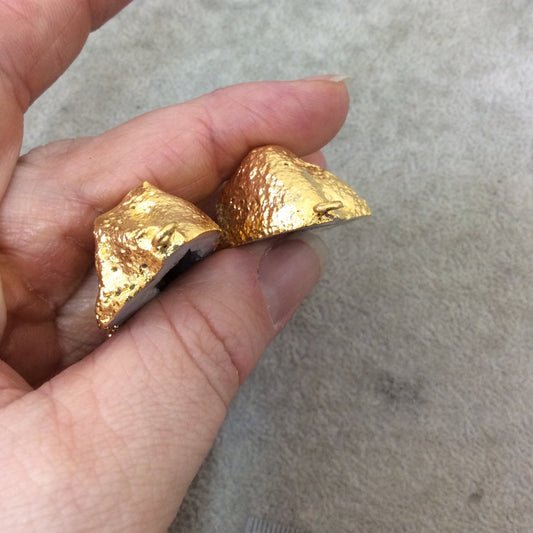 Pair of OOAK Gold Electroplated Natural Druzy Agate Geode Half Freeform Shaped Pendants - Measuring 24mm x 37mm - Unique, As Pictured