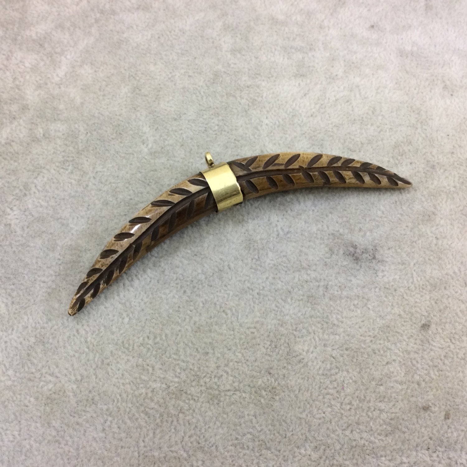 4.25" Brown Long Skinny Banana Tusk Shaped Natural Ox Bone Pendant with Carved Branch Pattern - Measuring 13mm x 108mm - (TR111)