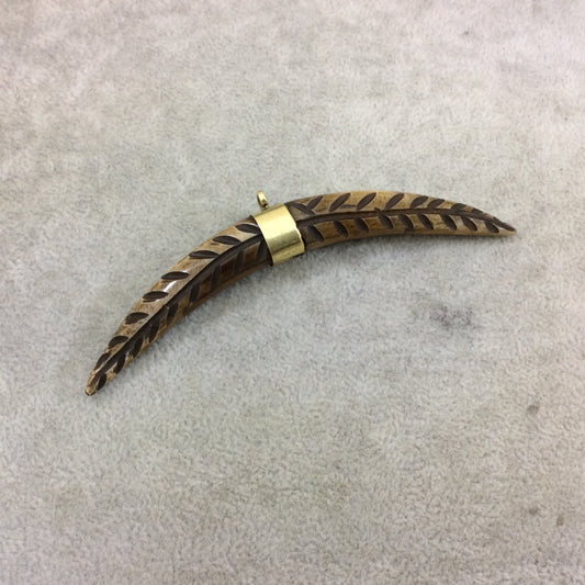 4.25" Brown Long Skinny Banana Tusk Shaped Natural Ox Bone Pendant with Carved Branch Pattern - Measuring 13mm x 108mm - (TR111)