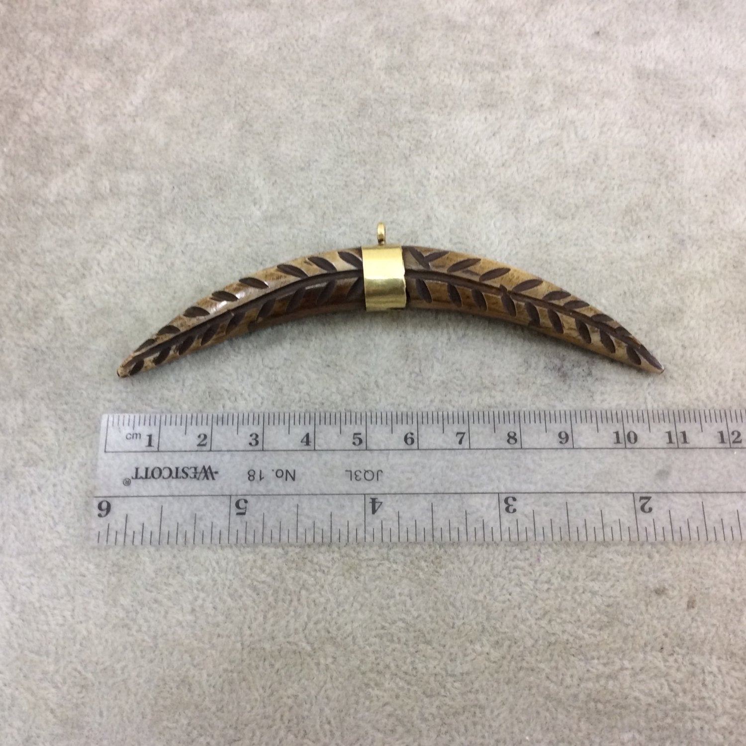 4.25" Brown Long Skinny Banana Tusk Shaped Natural Ox Bone Pendant with Carved Branch Pattern - Measuring 13mm x 108mm - (TR111)