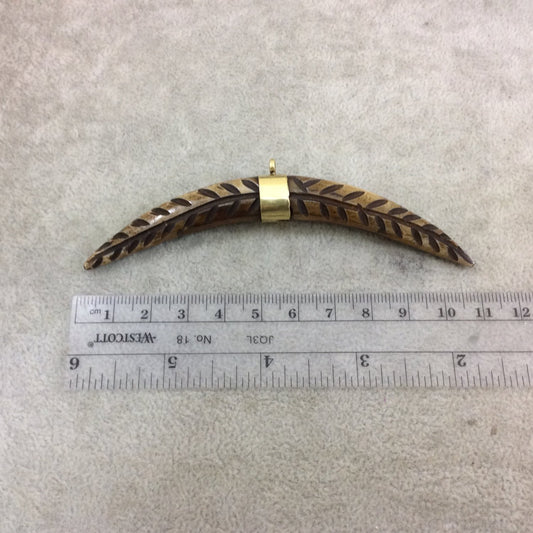 4.25" Brown Long Skinny Banana Tusk Shaped Natural Ox Bone Pendant with Carved Branch Pattern - Measuring 13mm x 108mm - (TR111)