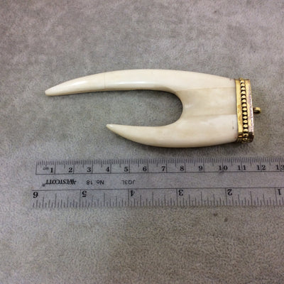 SALE 4.5" White/Off White Flat Double Claw Shaped Natural Ox Bone Pendant with New Cap Design - Measuring 48mm x 120mm, Approximately