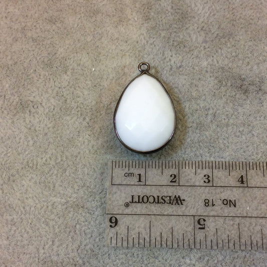 Gunmetal Plated Faceted White Hydro (Lab Created) Chalcedony Pear/Teardrop Shaped Bezel Pendant - Measuring 18mm x 24mm - Sold Individually