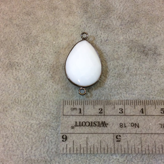 Gunmetal Plated Faceted White Hydro (Lab Created) Chalcedony Pear/Teardrop Shape Bezel Connector - Measuring 18mm x 24mm - Sold Individually