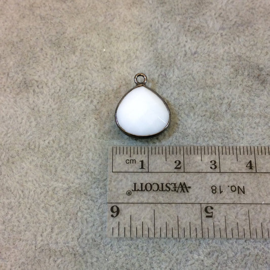 Gunmetal Plated Faceted White Hydro (Lab Created) Chalcedony Heart/Teardrop Shaped Bezel Pendant - Measuring 15mm x 15mm - Sold Individually