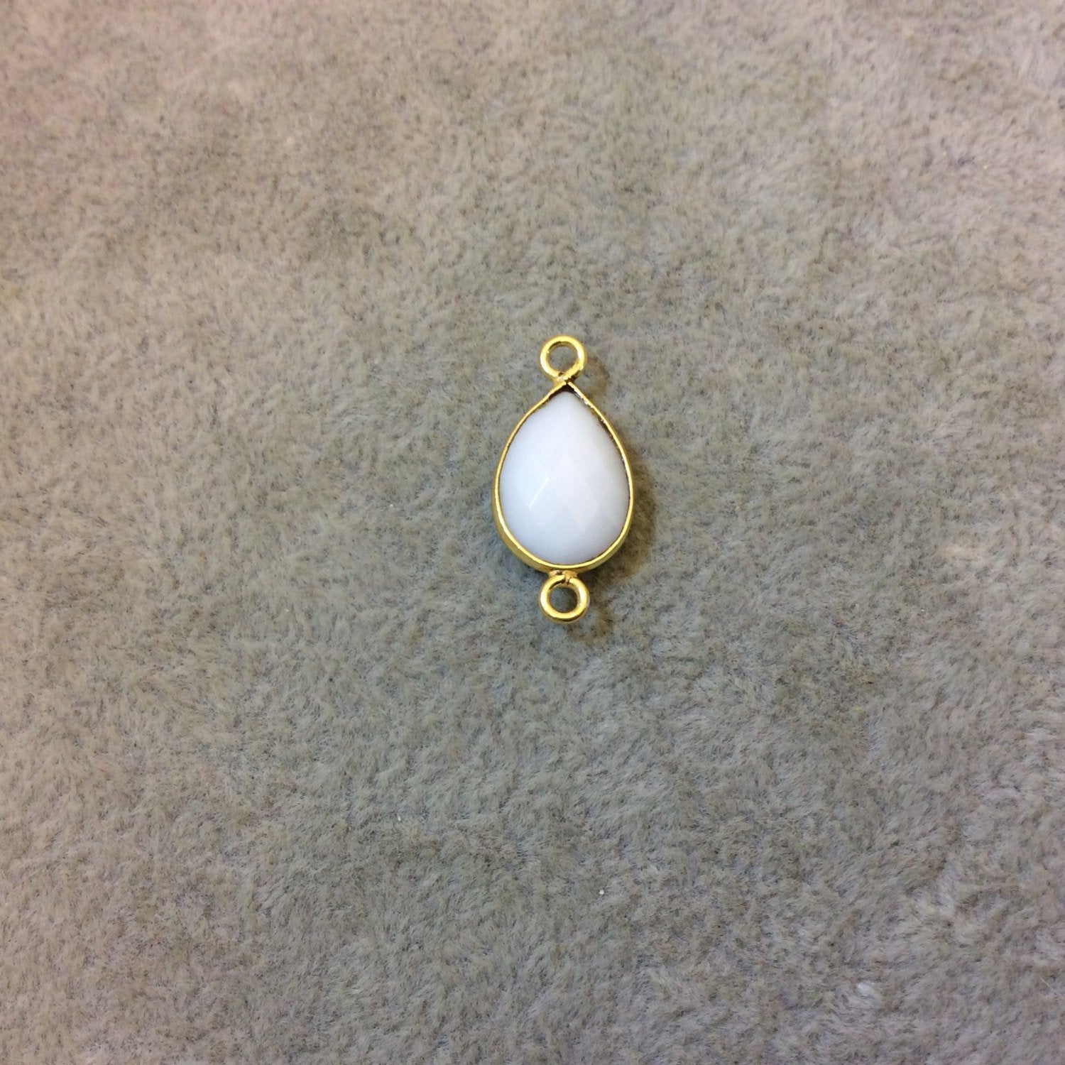 Gold Plated Faceted White Hydro (Lab Created) Chalcedony Pear/Teardrop Shaped Bezel Connector - Measuring 10mm x 15mm - Sold Individually