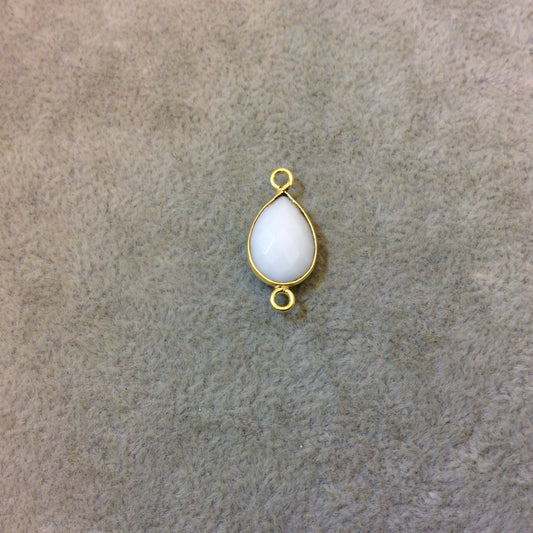 Gold Plated Faceted White Hydro (Lab Created) Chalcedony Pear/Teardrop Shaped Bezel Connector - Measuring 10mm x 15mm - Sold Individually