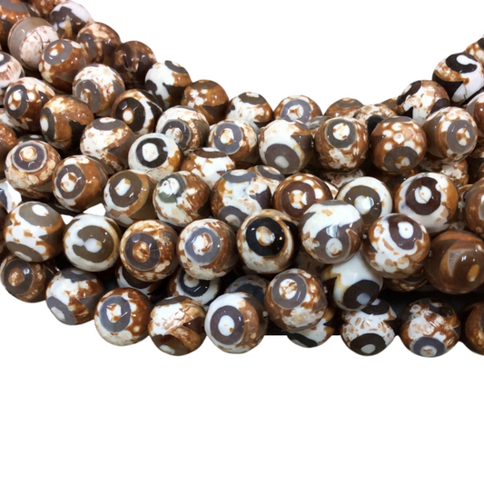 10mm Natural Eye Spot Brown/Orange Tibetan Agate Faceted Round Shape Beads with 1mm Holes - 14.75" Strand (Approx. 37 Beads) - Quality Stone