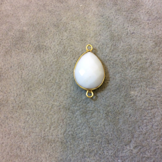 Gold Plated Faceted White Hydro (Lab Created) Chalcedony Pear/Teardrop Shaped Bezel Connector - Measuring 15mm x 20mm - Sold Individually