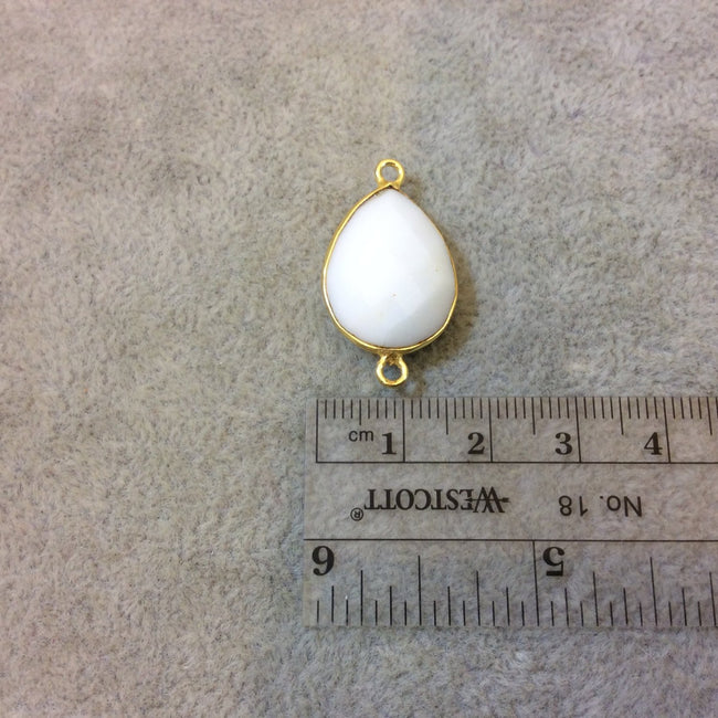 Gold Plated Faceted White Hydro (Lab Created) Chalcedony Pear/Teardrop Shaped Bezel Connector - Measuring 15mm x 20mm - Sold Individually