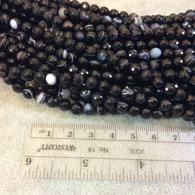 6mm Faceted Round/Ball Shaped Black Banded Agate Beads - 15.5" Strand (Approximately 66 Beads per Strand) - Natural Semi-Precious Gemstone