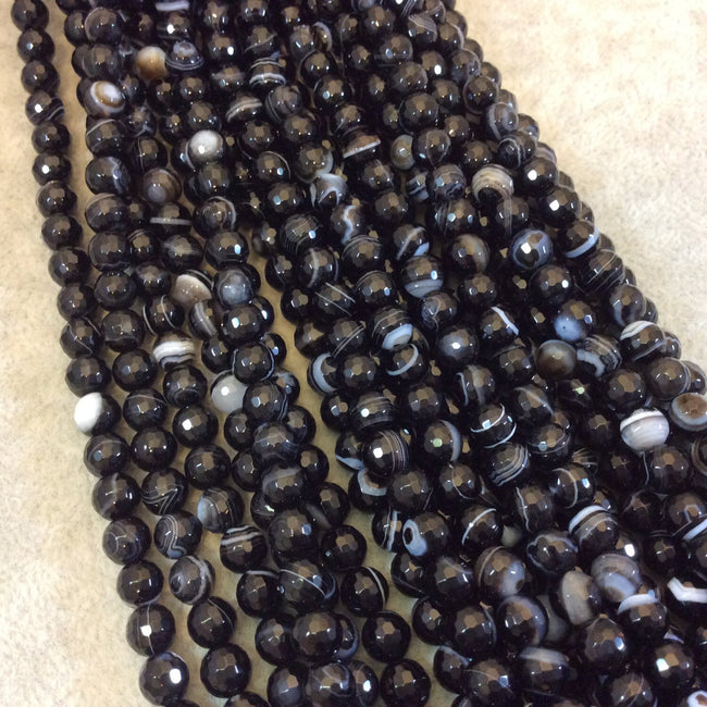 Banded Black Agate Beads 6mm Micro Faceted Natural Gemstone Beads