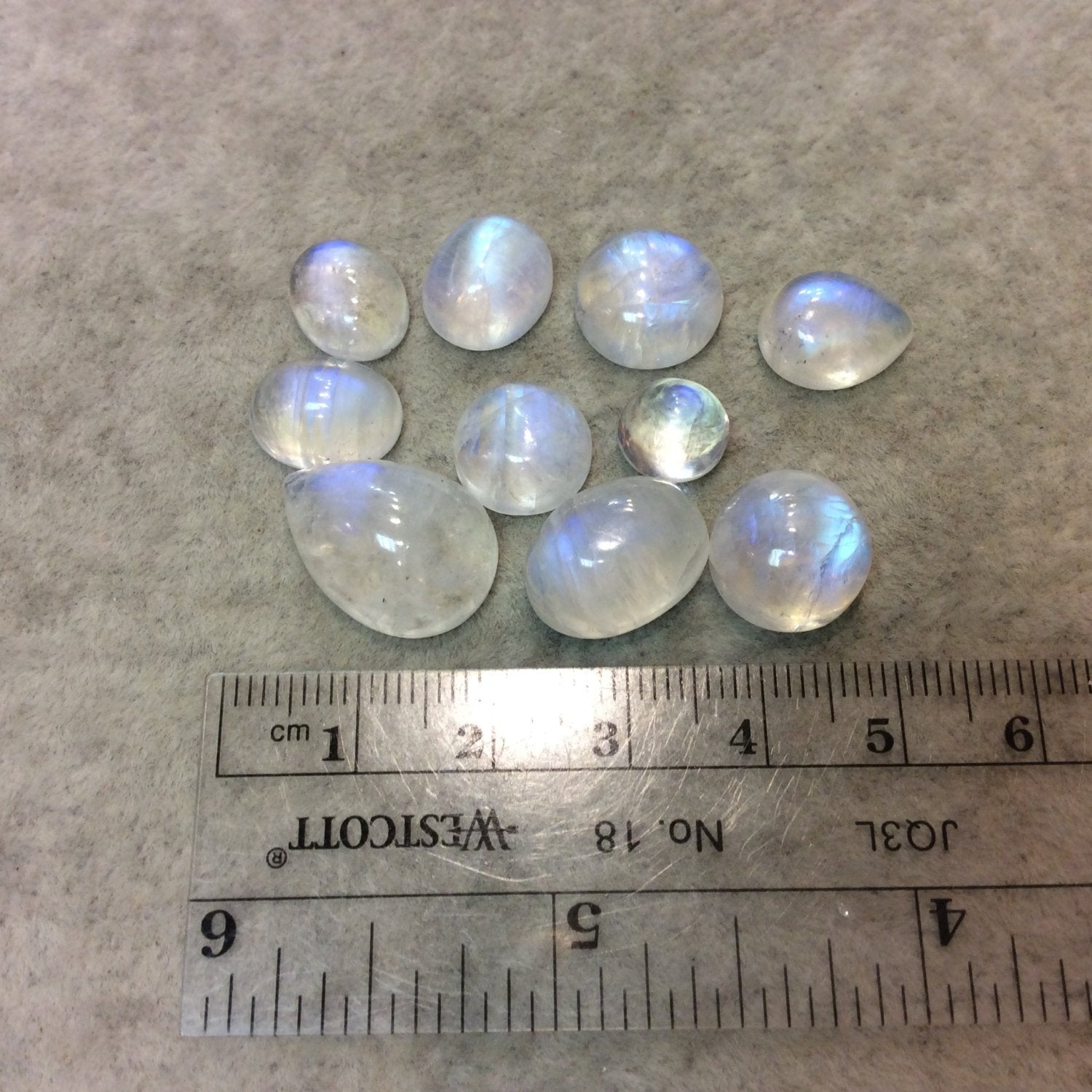 BULK LOT of Ten (10) Assorted Shapes of AAA Moonstone Flat Back Cabochons - Measuring 8-18mm, 4-9mm Dome Height - Random