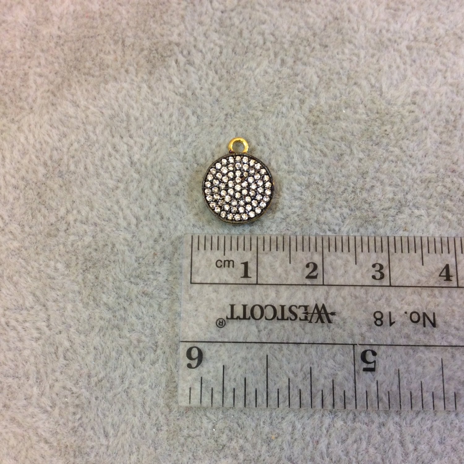 Small Oxidized Gold Round/Disc Shaped CZ Cubic Zirconia Inlaid Plated Copper Pendant Component - Measuring 11mm x 11mm  - Sold Individually