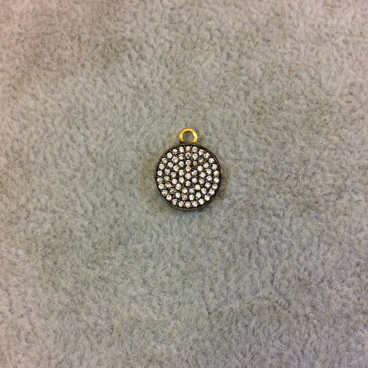 Small Oxidized Gold Round/Disc Shaped CZ Cubic Zirconia Inlaid Plated Copper Pendant Component - Measuring 11mm x 11mm  - Sold Individually