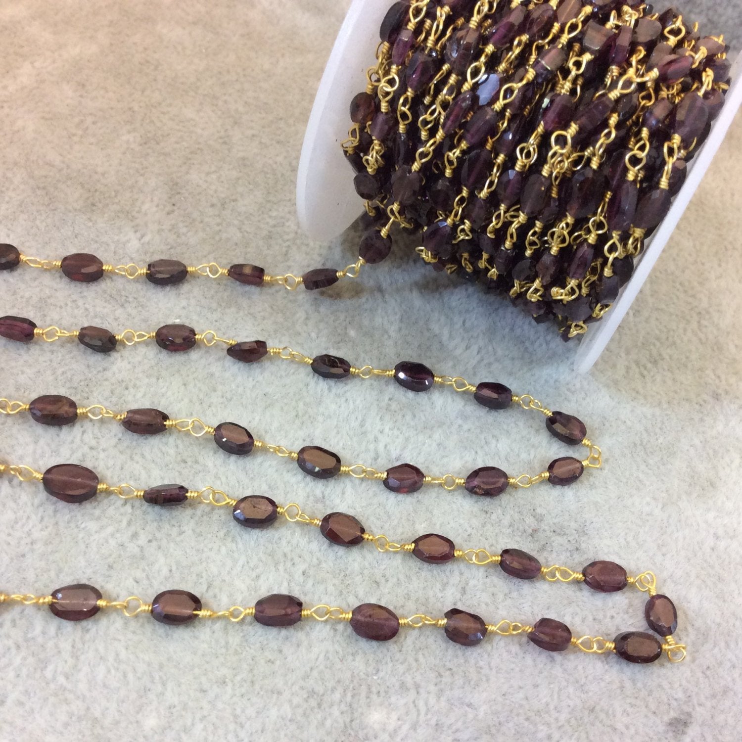 Gold Plated Copper Rosary Chain with 5mm Long Faceted Natural Deep Red Garnet Pebble/Nugget Shape Beads (CH330-GD) - Gemstone Beaded Chain