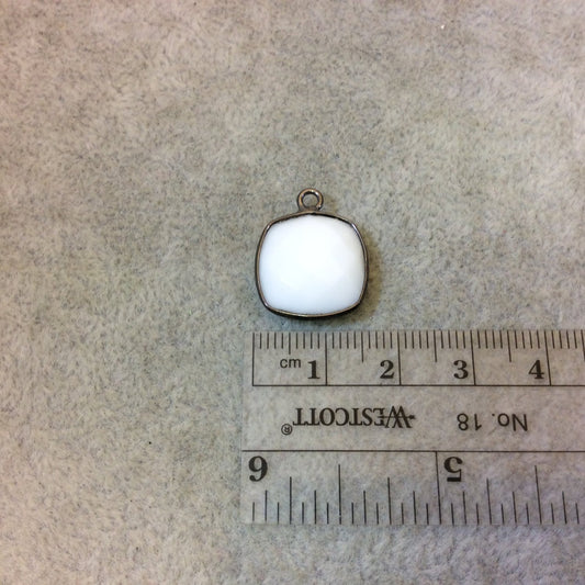 Gunmetal Plated Faceted White Hydro (Lab Created) Chalcedony Square Shaped Bezel Pendant - Measuring 15mm x 15mm - Sold Individually