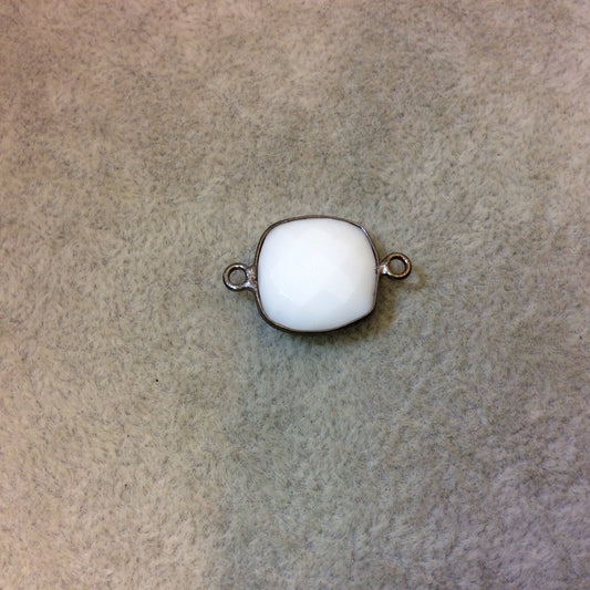 Gunmetal Plated Faceted White Hydro (Lab Created) Chalcedony Square Shaped Bezel Connector - Measuring 15mm x 15mm - Sold Individually