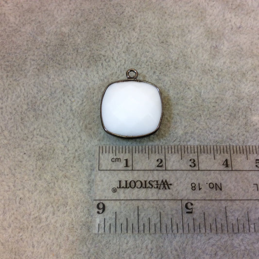 Gunmetal Plated Faceted White Hydro (Lab Created) Chalcedony Square Shaped Bezel Pendant - Measuring 18mm x 18mm - Sold Individually