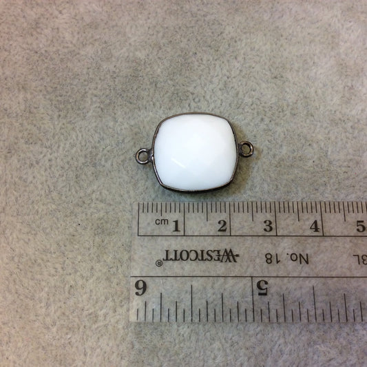 Gunmetal Plated Faceted White Hydro (Lab Created) Chalcedony Square Shaped Bezel Connector - Measuring 18mm x 18mm - Sold Individually