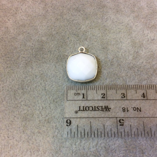 Silver Plated Faceted White Hydro (Lab Created) Chalcedony Square Shaped Bezel Pendant - Measuring 15mm x 15mm - Sold Individually