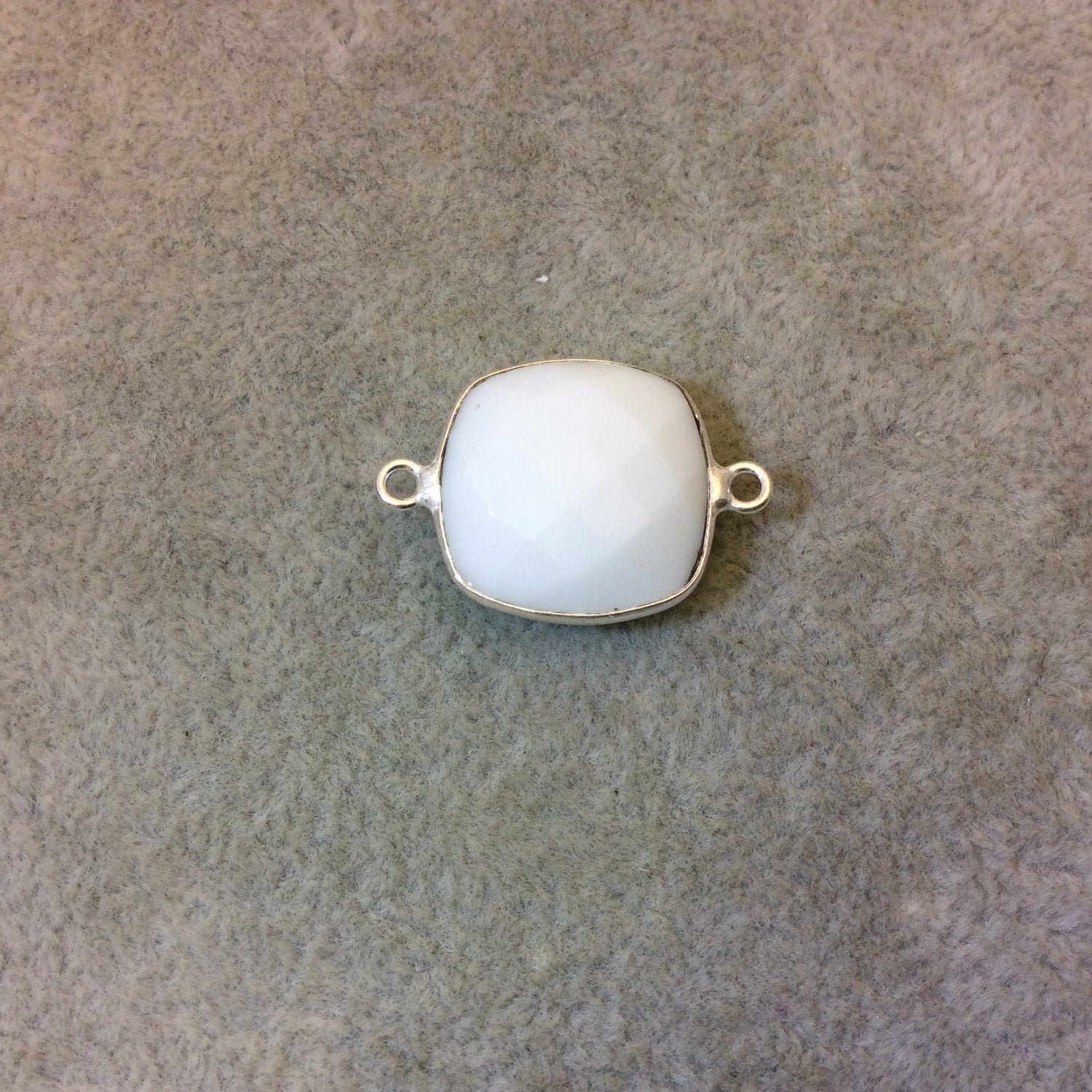 Silver Plated Faceted White Hydro (Lab Created) Chalcedony Square Shaped Bezel Connector - Measuring 18mm x 18mm - Sold Individually