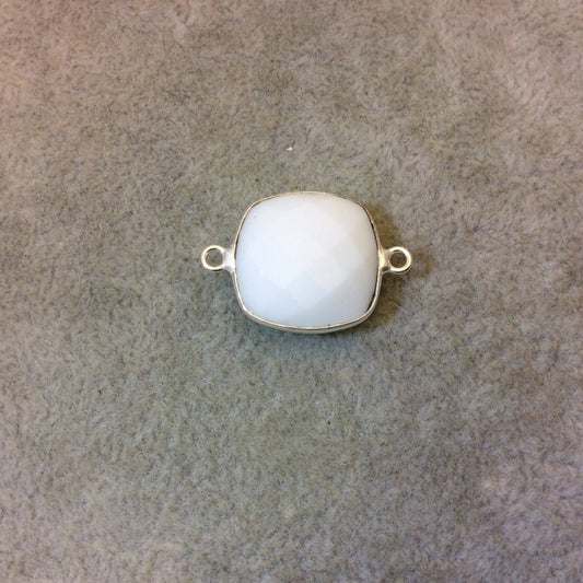 Silver Plated Faceted White Hydro (Lab Created) Chalcedony Square Shaped Bezel Connector - Measuring 18mm x 18mm - Sold Individually