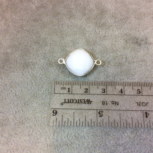 Silver Plated Faceted White Hydro (Lab Created) Chalcedony Diamond Shaped Bezel Connector - Measuring 15mm x 15mm - Sold Individually