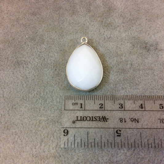 Silver Plated Faceted White Hydro (Lab Created) Chalcedony Pear/Teardrop Shaped Bezel Pendant - Measuring 18mm x 25mm - Sold Individually