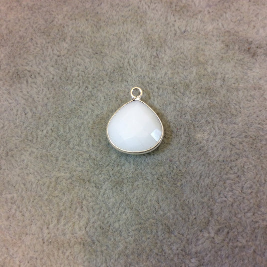 Silver Plated Faceted White Hydro (Lab Created) Chalcedony Heart/Teardrop Shaped Bezel Pendant - Measuring 15mm x 15mm - Sold Individually